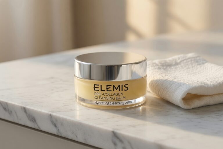 Elemis Pro-Collagen Cleansing Balm jar on a marble bathroom counter next to a folded white washcloth