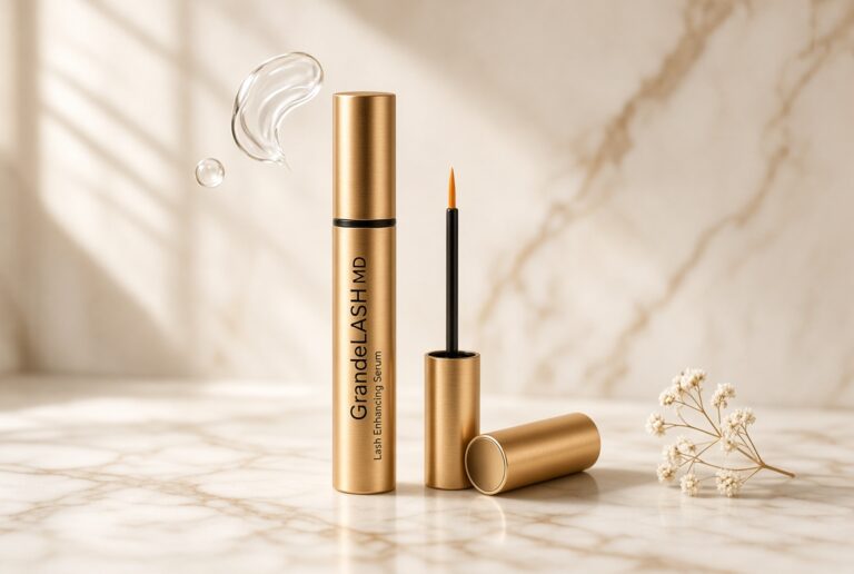 GrandeLASH-MD Lash Enhancing Serum gold tube on cream marble with minimal beauty styling