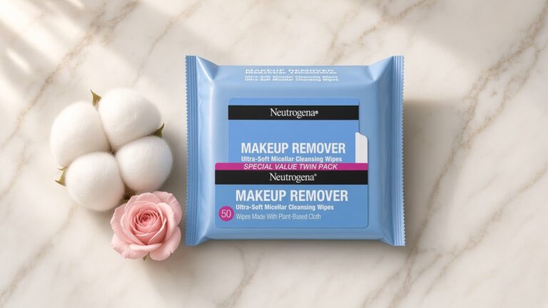 Neutrogena Makeup Remover Cleansing Towelettes pink pack on cream marble with minimal skincare styling