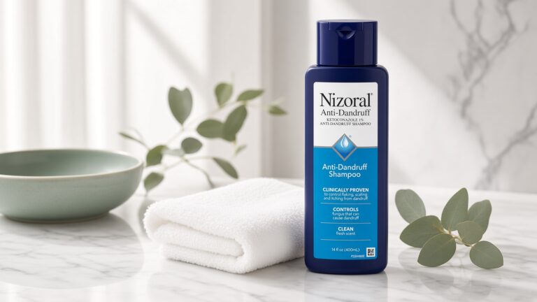 Nizoral Anti-Dandruff Shampoo 1% Ketoconazole bottle on white marble with clinical haircare styling
