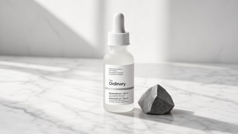 The Ordinary Niacinamide 10% + Zinc 1% serum bottle on white marble with clinical skincare styling