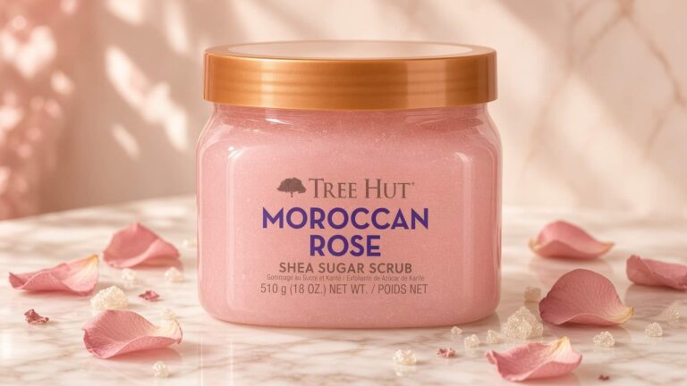 Tree Hut Shea Sugar Body Scrub Moroccan Rose pink jar on cream marble with dried rose petal styling