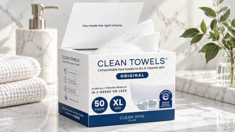 Clean Skin Club Clean Towels XL package on white marble with minimal clean skincare styling