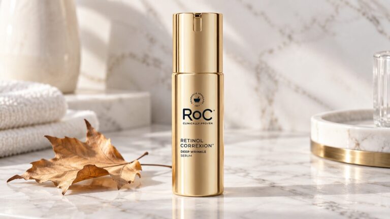 RoC Retinol Correxion Line Smoothing Serum packaging on white marble with clinical skincare styling