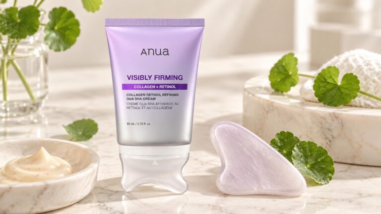 ANUA Collagen Retinol Refining Gua Sha Cream jar with gua sha stone and centella leaves on cream marble editorial styling