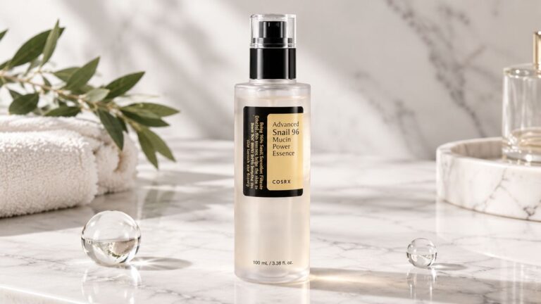 COSRX Advanced Snail 96 Mucin Power Essence bottle on white marble surface — K-beauty hydrating essence with 96% snail secretion filtrate