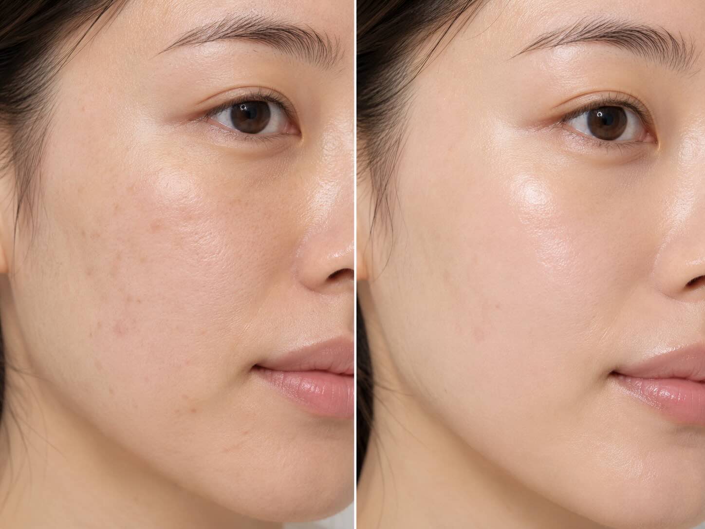Before and after COSRX Advanced Snail 96 Mucin Power Essence — dull dehydrated skin vs glowing dewy skin after 4 weeks of consistent twice-daily use