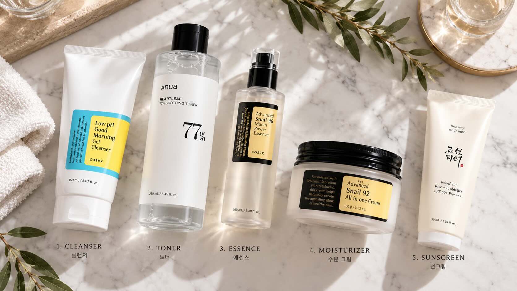 COSRX Snail 96 Mucin Power Essence layered in Korean skincare routine — cleanser toner essence moisturizer SPF flatlay editorial