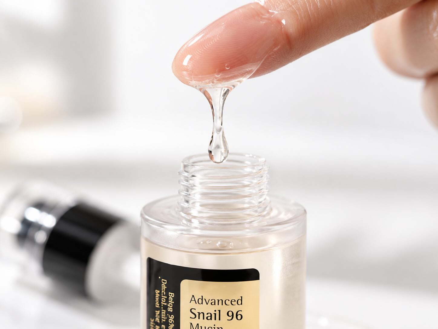 COSRX Advanced Snail 96 Mucin Power Essence thin serum-like texture on fingertips showing the almost water consistency