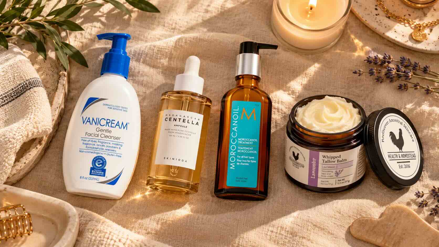 PM skincare routine flatlay showing Hearth and Homestead Beef Tallow Balm as the final step after serum and moisturizer — minimalist clean beauty night routine