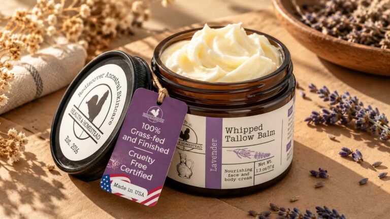Hearth & Homestead Whipped Beef Tallow Balm jar on minimalist surface — clean ingredients beef tallow moisturizer for dry and eczema-prone skin