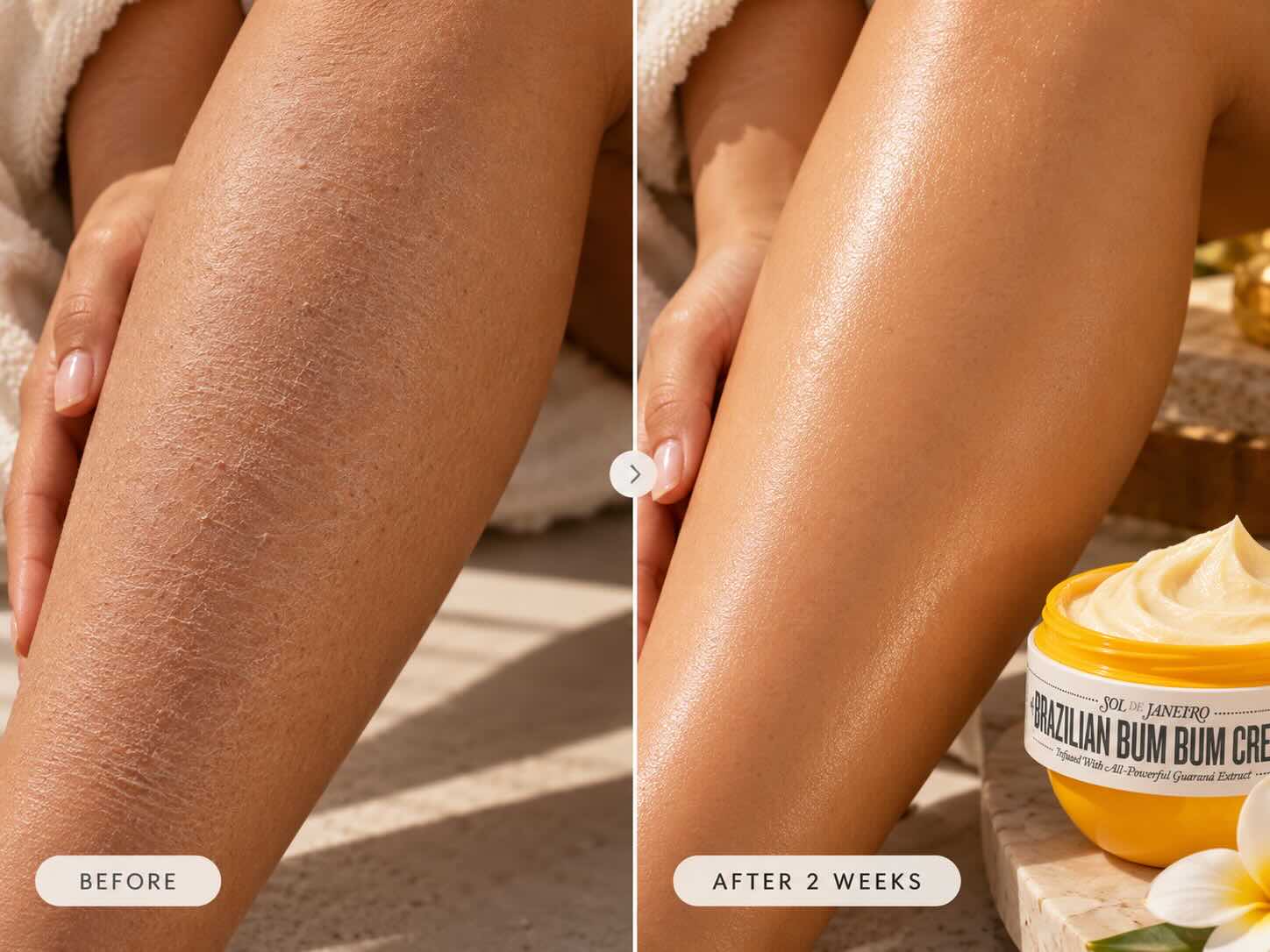 Before and after Sol de Janeiro Brazilian Bum Bum Cream — dry rough body skin vs soft smooth skin with visible glow after 2 weeks of daily use
