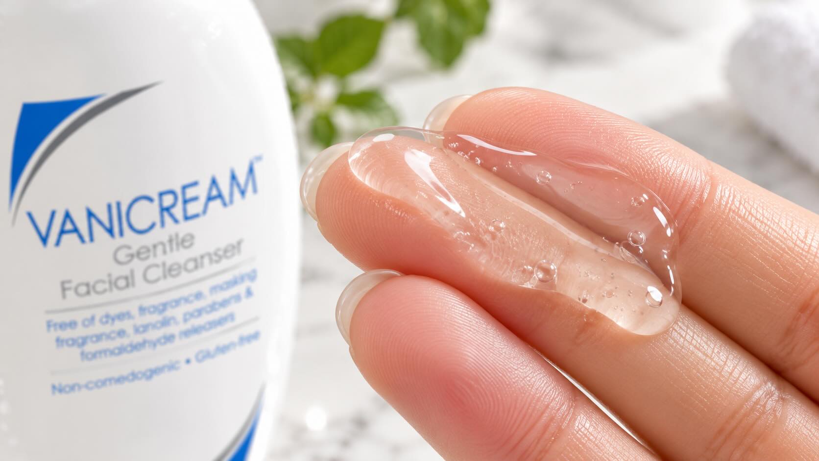 Vanicream Gentle Facial Cleanser non-foaming gel texture on fingertips showing mild lather and clean consistency
