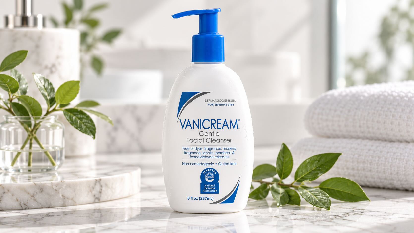 Vanicream Gentle Facial Cleanser 8oz pump bottle on white bathroom counter with clean minimal styling